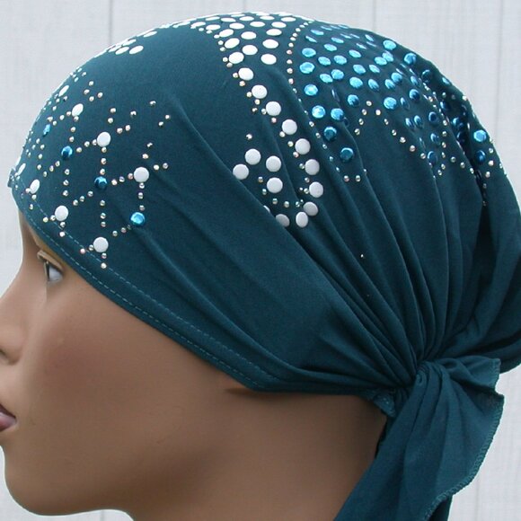 TEAL Pre-Tied Stud Fashion Cap Slip On Bonnet Hijab Undercap #7 - Picture 1 of 3